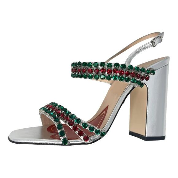 NEW GUCCI Bertie Nappa Leather Crystal High Heel Strappy Sandals Size 37 Silver - Picture 1 of 9